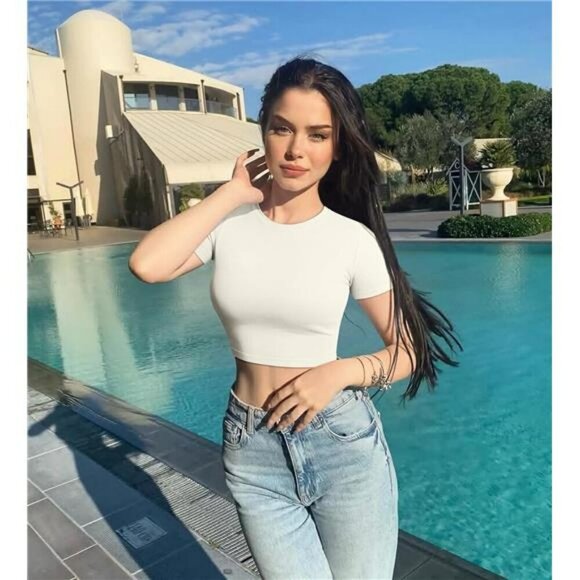 OQQ Womens Crop Top Set 3 Pack Fitted Short Sleeve Crew Neck Stretch Shirts - Picture 5 of 7